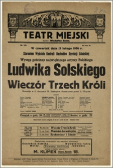 [Afisz:] Wieczór Trzech Króli. Komedja w 8 obrazach W. Szekspira