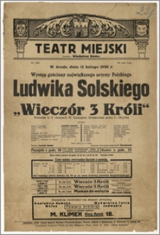 [Afisz:] Wieczór Trzech Króli. Komedja w 8 obrazach W. Szekspira