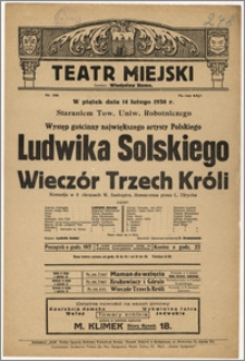 [Afisz:] Wieczór Trzech Króli. Komedja w 8 obrazach W. Szekspira