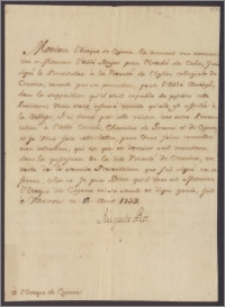 August III król polski do bp kujawskiego [Antoniego Dembowskiego]. Po nadaniu księdzu Andrzejowi Bayerowi biskupstwo chełmińskie podpisał prezentację na wolne po nim probostwo kruszwickie księdzu Awedykowi