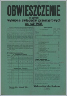 Obwieszczenie w sprawie wykupna świadectw przemysłowych na rok 1928 : Poznań, dnia 1 listopada 1927 r.