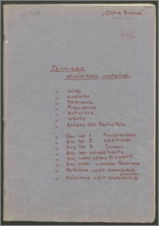 ["Ostra Brama" - terminarz działalności, wydarzeń : Wilka, Ludwika, Poleszuka, Prawdzica, Kotwicza, Warty, Sztabu Odz. Part. w Polu, Dcy zgr. 1 - Pochoreckiego, Dcy zgr. 2 - Węgielniego, Dcy zgr. 3 - Jaremy, Dcy zgr. połudn. - Warty, Dcy uderz. od zach. Łupaszki, Dcy oddz. w mieście Bezmiana, Położenia wojsk niemieckich i Litwinów, Położenia wojsk radzieckich.]