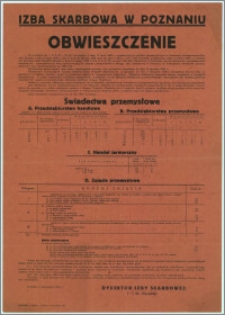 Izba Skarbowa w Poznaniu. [Obwieszczenie dot. cen świadectw przemysłowych na rok 1937] : Poznań, w listopadzie 1936