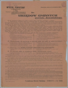 [Obwieszczenie] : [Inc.:] Do urzędów gminnych powiatu brzezińskiego [...] Brzeziny, dnia 24 września 1928 r.