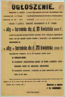 Ogłoszenie : na temat dbania o porządek i czystość, sprawdzania studni, ustępów itp., dla właścicieli nieruchomości m. Brzeziny, Brzeziny, dn. 5.IV.1929 r.