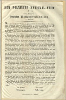 Der polnische National - Club in Posen an das Comitee der deutschen Nationalversammlung in Posen
