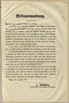 Bekanntmachung. [Incipit] Ich finde mich veranlasst, Folgendes zu erklären [...]