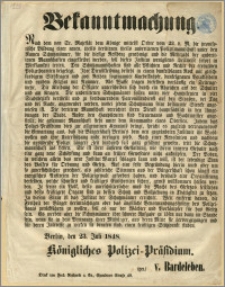 Bekanntmachung. : [Incipit] Nach dem von Sr. Majestät dem Könige mittelst Ordre vom 23. vom M. die provisorische Bildung einer neunen [...]