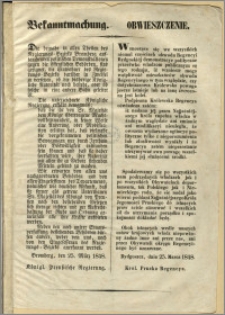 Obwieszczenie. [Inc.:] Wznoszące się we wszystkich niemal częściach obwodu Regencyi Bydgoskiej demonstracye polityczne (...)