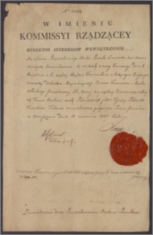 Dyrektor Interesów Wewnętrznych w imieniu Komisji Rząrzącej daje starozakonnemu Berkowi Szmulowi liwerantowi zaświadczenie, że za woły dostarczone dla armii francuskiej należy mu się 71 700 franków reszty