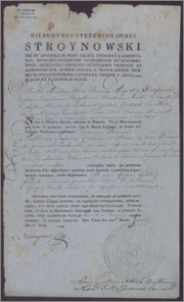 Hieronim Strzemień-Stroynowski hrabia, bp lambezytański, bp koadiutor łucki i żytomierski, desygnowany [...] do Augusta Rogowskiego, sekr. prow. litewskiego kanoników regularnych, prepozyta kościoła parafialnego Św. Jana w Wilniie