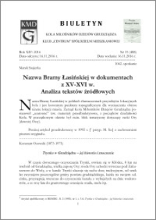 Biuletyn Koła Miłośników Dziejów Grudziądza 2016, Rok XIV, nr 35(488) : Nazwa Bramy Łacińskiej w dokumentach z XV-XVI w. Analiza tekstów źródłowych