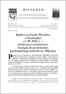 Biuletyn Koła Miłośników Dziejów Grudziądza 2018, Rok XVI nr 23(561) : Kaplica na Zamku Wysokim w Grudziądzuz l. 90. XIII w. – lokalizacja i architektura. Analogia do prezbiterium grudziądzkiego kościoła św. Mikołaja
