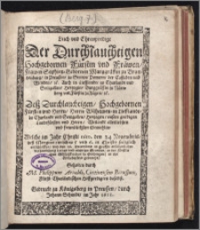 Leich vnd Ehrenpredigt Der Durchlauchtigen Hochgebornen Fürstin vnd Frawen, Frawen Sophien, Gebornen Marggräffin zu Brandenburg, in Preussen, zu Stettin, Pomern, der Cassuben vnd Wenden, &c. Auch in Liefflandt, zu Churlandt vnd Semgallen, Hertzogin, Burggräffin zu Nürnberg vnd Fürstin zu Rügen, &c. Deß Durchlauchtigen, Hochgebornen Fürsten vnd Herrn, Herrn Wilhelmen, in Liefflandt, zu Churlandt vnd Semgallen, Hertzogen, vnsers gnedigen Landsfürsten vnd Herrn, Weilandt allerliebsten vnd freudlichsten Gemahlin : Welche im Jahr Christi 1610. den 24 Novembris, deß Morgens zwischeu 5 vnd 6. in Christo seeliglich entschlaffen, vnd den 26. Decembris in grosser ansehenlicher versamblung hohes vnd niedrigs Standes, in der Fürstlichen Schloßkirchen zu Goldingen, in ihr Ruhebetlein gebracht / Gehalten durch M. Philippum Arnoldi, Cintinensem Borussum, Fürstl. Churländischen Hoffpredigern daselbst.