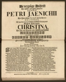 Die vergnügte Zuschrifft Des [...] Herrn Petri Jaenichii Des Thornischen Gymnasii weitberühmten Rectoris [...] An Seine [...] Christina, Die [...] Jungfrau Grandauin Des [...] Herrn Johann Grandaus Vornehmen Bürgers in Thorn Hinterlassene [...] Tochter [...] / Entwarff Von dessen Familie der verbundenste Jean George Zoebner Thor. Jur. St.