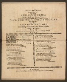 Pobudka do Wesolości Przy Akcie Weselnym [...] Pana Jacuba Giringa Piwowara Miasta [...] Torunia Z Uczciwie urodzoną [...] Panną Constancyą Dorotą Olafowną [...] Pana Marcina Olofa, Zawołanego Kaznodziei przy zborze Polskim Kościele Matki Bozey Rodzoną Corką W roku 1708. dnia 12. Czerwca w druk podana od szczyro zyczliwego Przyjaciela P. C. A. M.