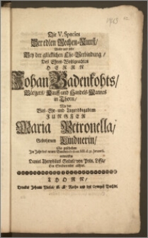Die V. Species Der edlen Rechen-Kunst, Wolte und solte Bey der glücklichen Ehe-Verbindung, Des [...] Herrn Johan Badenkohts, Bürgers, Kauff- und Handels-Mannes in Thorn, Mit der [...] Jungfer Maria Petronella, Gebohrnen Lindnerin, So geschehen Jm Jahr [...] cIc Ic cc XIII d. 31. Januarii, entwerffen Daniel Theophilus Seidel, von Poln. Lissa, Ein Studierender allhier