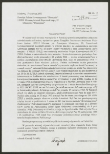 Pismo Komisji Polskiej Stowarzyszenia "Memoriał" do Wacława Draguna