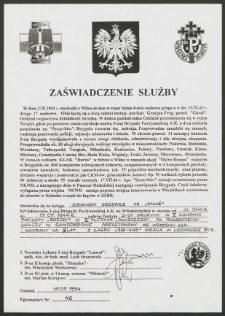 Zaświadczenie służby w 3-ciej Brygadzie Partyzanckiej A.K.