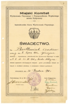 Świadectwo ukończenia trzymiesięcznego "Instruktorskiego Kursu Wychowania Fizycznego"