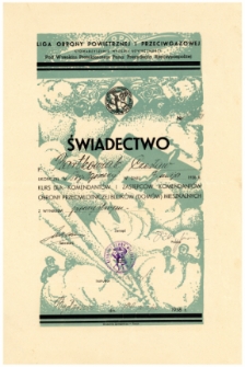Świadectwo ukończenia kursu dla komendantów i zastępców komendantów obrony przeciwlotniczej bloków (domów) mieszkalnych