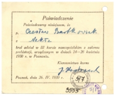 Poświadczenie o udziale w III. kursie nauczycielskim z zakresu prehistorji