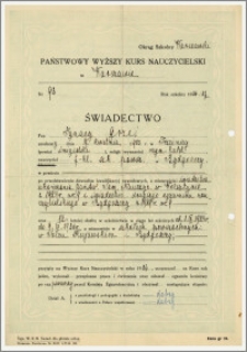 Świadectwo ukończenia Państwowego Wyższego Kursu Nauczycielskiego w Warszawie