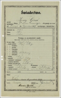 Świadectwo szkolne Ignacego Grzesia za czas nauki 19 V - 20 XII 1919 r.