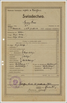 Świadectwo szkolne za czas nauki od 19 września do 21 grudnia 1920 r.