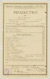 Świadectwo szkolne za czas nauki od 1 września 1921 r. do 31 stycznia 1922 r.