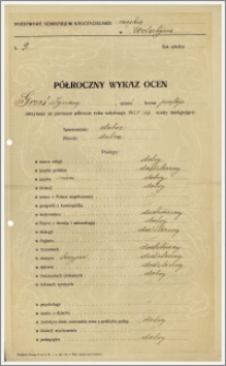 Półroczny wykaz ocen Ignacego Grzesia za pierwsze półrocze roku szkolnego 1923/1924