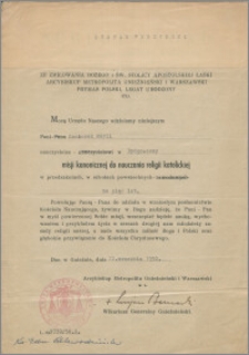 [Upoważnienie do nauczania religii katolickiej]