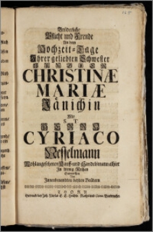 Brüderliche Pflicht und Freunde An dem Hochzeit-Tage Jhrer geliebten Schwester Jungfer Christinae Mariae Jänichin Mit S. T. Herrn Cyriaco Nesselmann [...] Kauff- und Handelsmann alhier Jn wenig Reihen Entworffen Von Jnnenbenandten beyden Brüdern