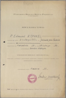 [Świadectwo ukończenia Pomorskiej Szkoły Sztuk Pięknych w Grudziądzu przez Edmunda Konkela].
