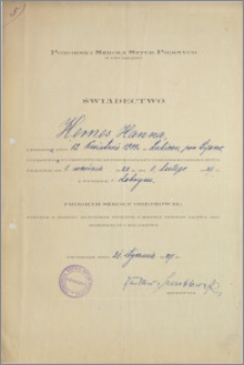 [Świadectwo ukończenia Pomorskiej Szkoły Sztuk Pięknych w Grudziądzu przez Hannę Hernes].