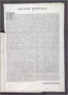 [Zaproszenie na inaugurację przyjęcia stanowiska rektora Gimnazjum Toruńskiego przez Jerzego Wendego : Incipit:] Lectori Benevolo S. .... P. P. Thorunii. Dominica II. post Trinit. A. O. R. M. DC. XCV. Scholarchæ