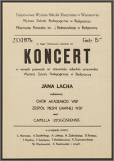 23 XI 1979 r. w foyer Filharmonii odbędzie się Koncert w ramach przewodu na stanowisko adiunkta, pracownika Wyższeh Szkoły Pedagogicznej w Bydgoszczy Jana Lacha