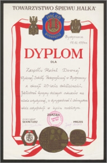 Dyplom dla Zespołu Pieśni Dawnej Wyższej Szkoły Pedagogicznej w Bydgoszczy z okazji 20-lecia działalności