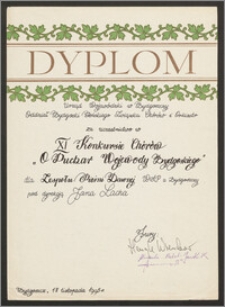 Dyplom za uczestnictwo w XI Konkursie Chórów "O Puchar Wojewody Bydgoskiego" dla Zespołu Pieśni Dawnej WSP z Bydgoszczy pod dyrekcją Jana Lacha