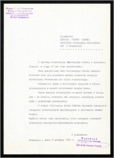 Pismo z życzeniami z okazji Jubileuszu 20-lecia działalnosci ZPD od prof. dr hab. Eugeniusza Rogalskiego - dyrektora Instytutu Wychowania Muzycznego