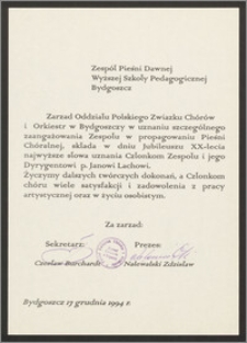 Wyrazy uznania od Zarządu Oddziału Polskiego Związku Chórów i Orkiestr