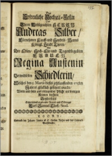 Das Erfreuliche Hochzeit-Festin Des ... Herrn Andreas Silber ... Kauff- und Handels-Manns Königl. Stadt Thorn, Mit Der ... Frauen Regina Austenin Verwittibten Schiedlerin, Welches den 5. Martii dieses jetztlauffenden 1715ten Jahres glücklich gefeyert wurde / Wolte und solte ... mit wenigen Reimen beehren Beyderseits ... Freund und Schwager Carl Samuel These, Stud