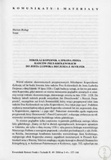 Mikołaj Kopernik a sprawa pisma radców Prus Królewskich do Josta Ludwika Decjusza z 18.VII.1526