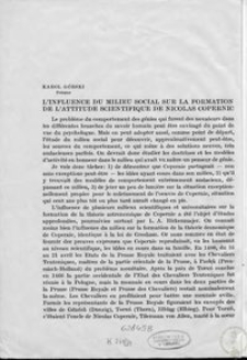 L'influence du milieu social sur la formation de l'attitude scientifique de Nicolas Copernic