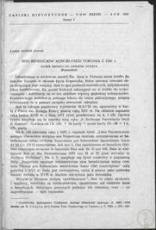 Spis beneficjów kościelnych Torunia z 1541 r. : nowe źródło do dziejów miasta (komunikat)