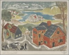 Kompozycja pejzażowa z czerwonym domkiem