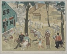 Kompozycja pejzażowa z zielonym domkiem